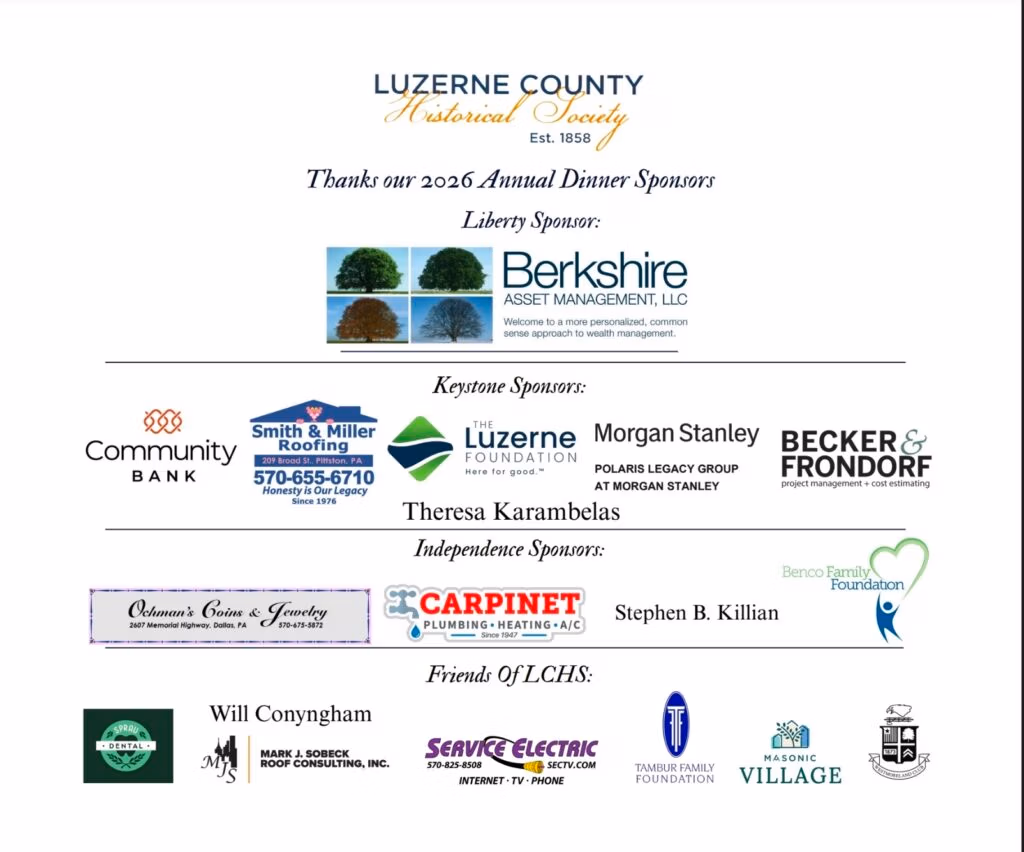 Sponsor collage for Luzerne County Historical Society's 2026 Annual Dinner, featuring Berkshire Asset Management as Liberty Sponsor with multiple logos below.