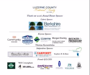 Sponsor collage for Luzerne County Historical Society's 2026 Annual Dinner, featuring Berkshire Asset Management as Liberty Sponsor with multiple logos below.