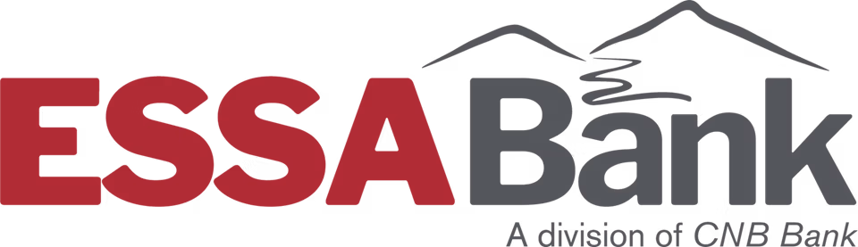 ESSA Bank logo: red 'ESSA' with gray 'Bank' text, mountain silhouette above, and the slogan 'A division of CNB Bank' in smaller gray text.