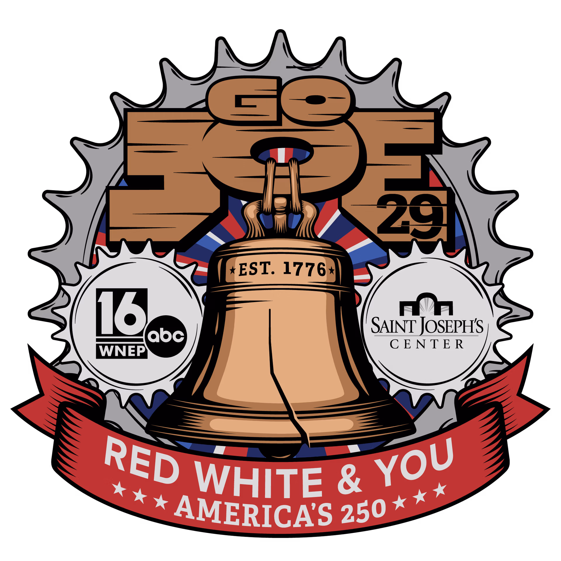 goJoe29-logopng - Luzerne County Historical Society Cartoon-style patriotic badge with a carved statue bust, hands in prayer, and the banner 'Red White & You'—America's 250.
