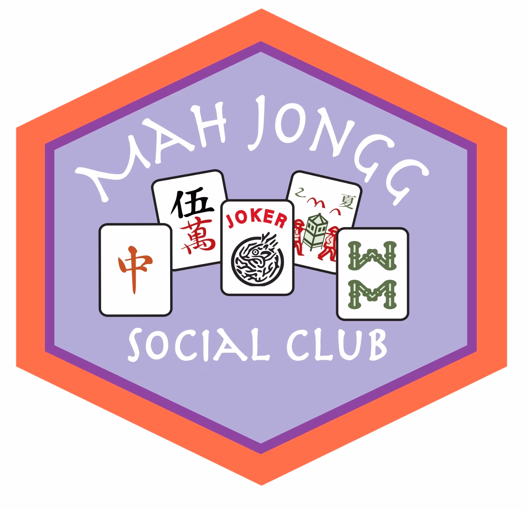 Logo for JAH JONGG Social Club featuring playing cards inside a purple hexagon with an orange border.